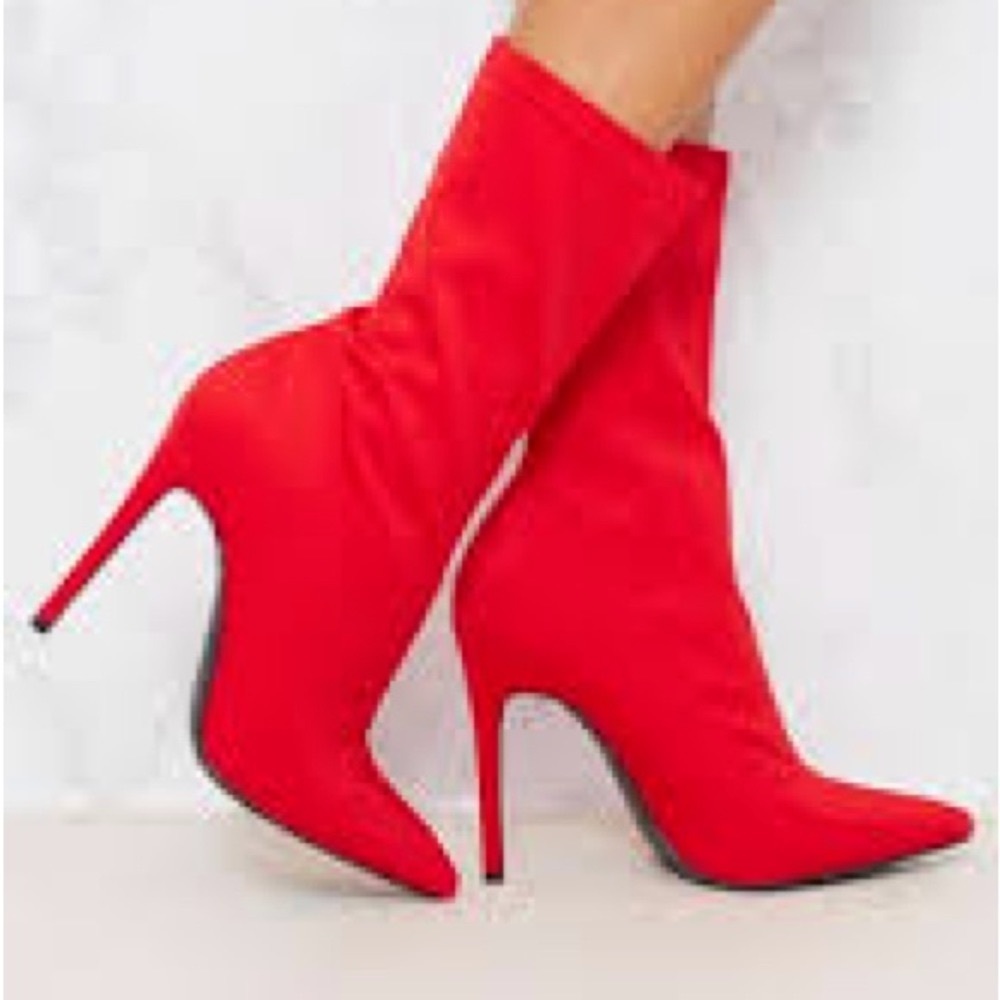 Red stiletto sock bootie
